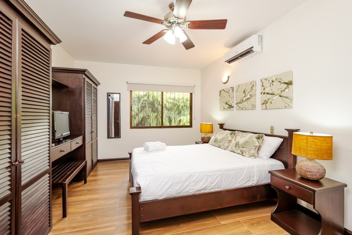 Modern bedroom with wooden furniture, ceiling fan, and a window overlooking greenery.