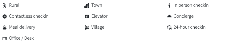 Icons include rural, town, in person checkin, contactless checkin, elevator, village, meal delivery, office.