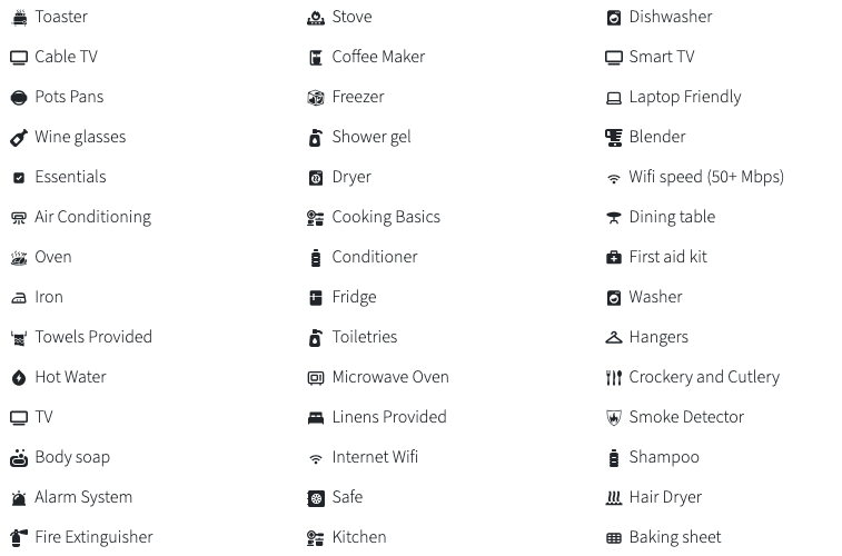 List of home amenities with icons, such as TV, internet, dishwasher, and kitchen essentials.