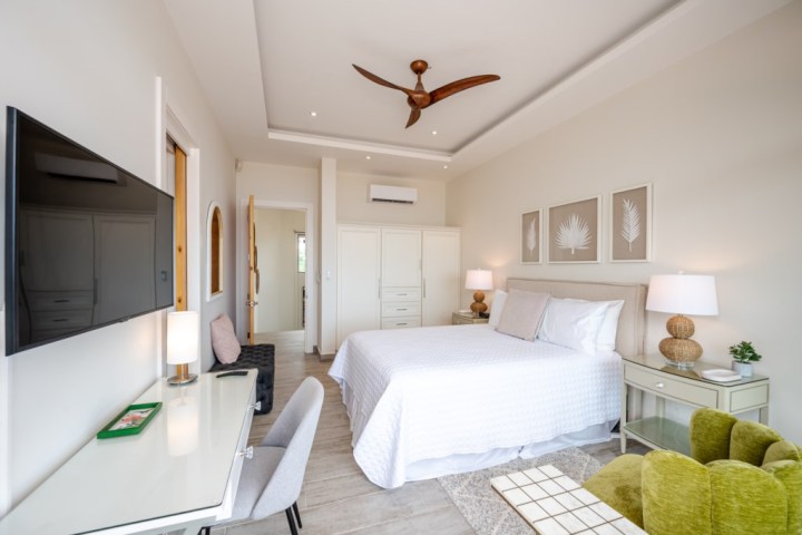 Modern bedroom with white walls, ceiling fan, bed, TV, desk, and green chair.