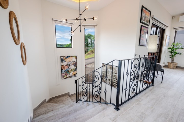 Bright hallway with modern light, stairs, art, and large windows overlooking greenery.