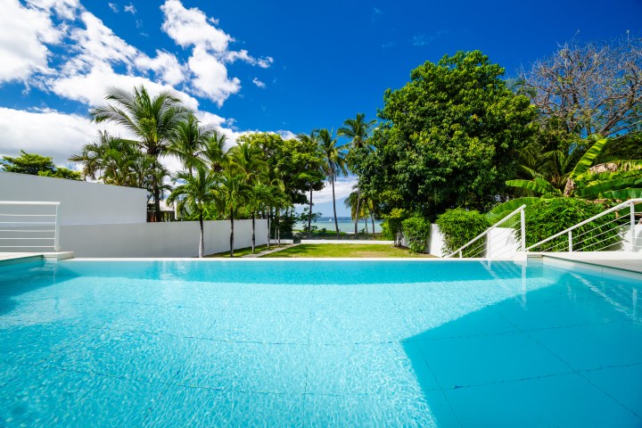 Swimming pool with palm trees and ocean view under a blue sky.