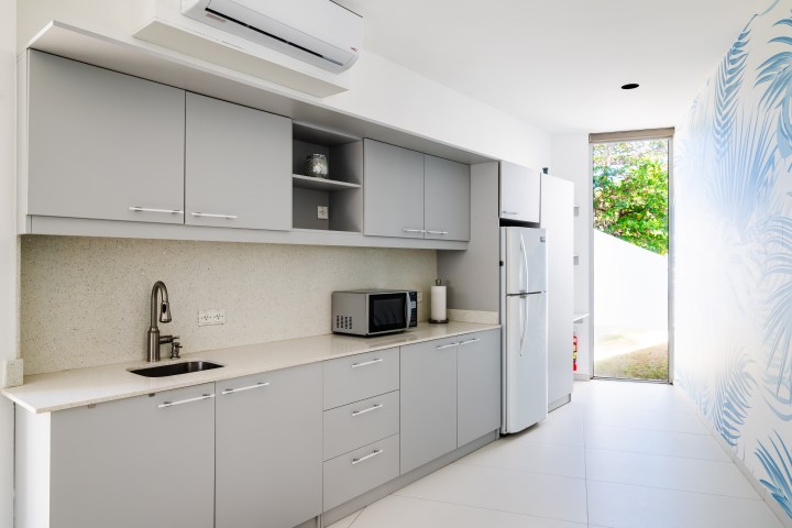 Modern kitchen with gray cabinets, sink, microwave, and refrigerator beside a window with plant mural.