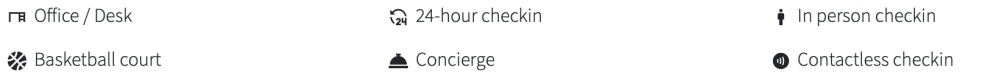 Icons and text for office, 24-hour check-in, in-person check-in, basketball court, concierge, contactless check-in.