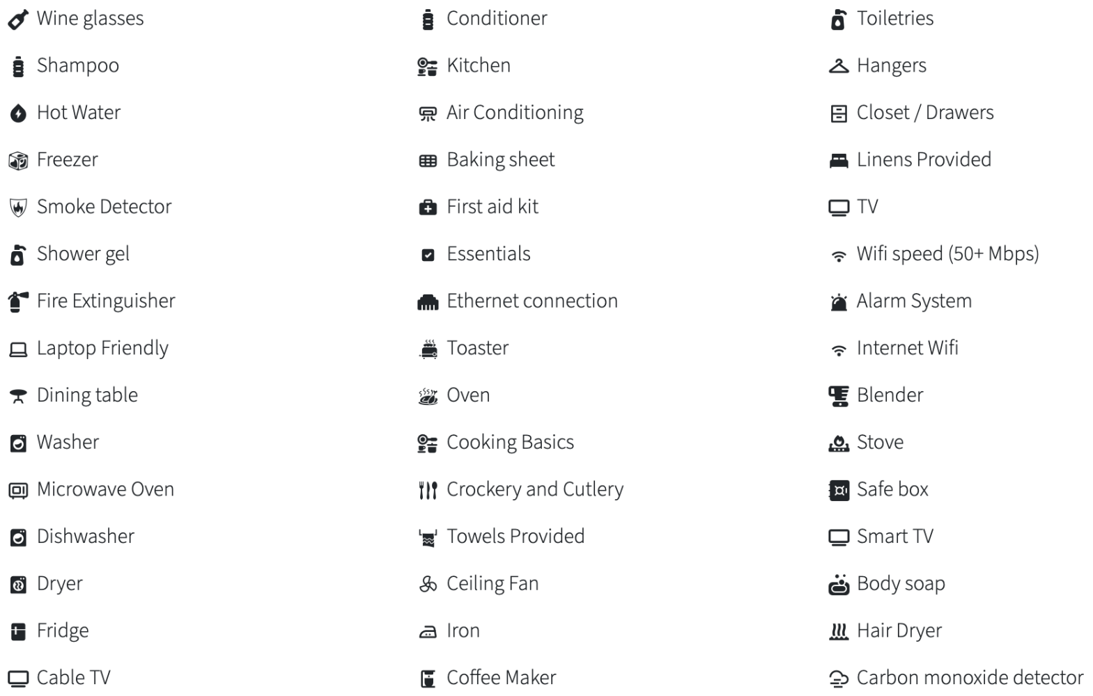 Icons and text listing various amenities like kitchen, toiletries, and electronics in three columns.