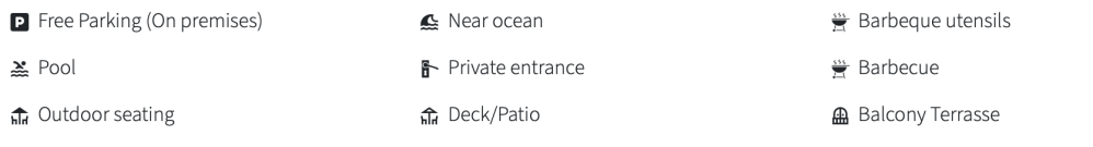 Icons and text listing amenities like parking, pool, ocean nearby, balcony, and barbecue facilities.