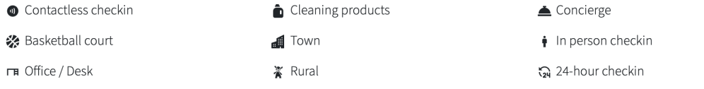 Icons for amenities: contactless and in-person check-in, basketball court, office, cleaning products, town, rural, concierge, 24-hour check-in.
