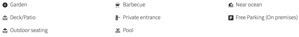 Icons and text showing amenities: garden, barbecue, pool, near ocean, free parking, and more.