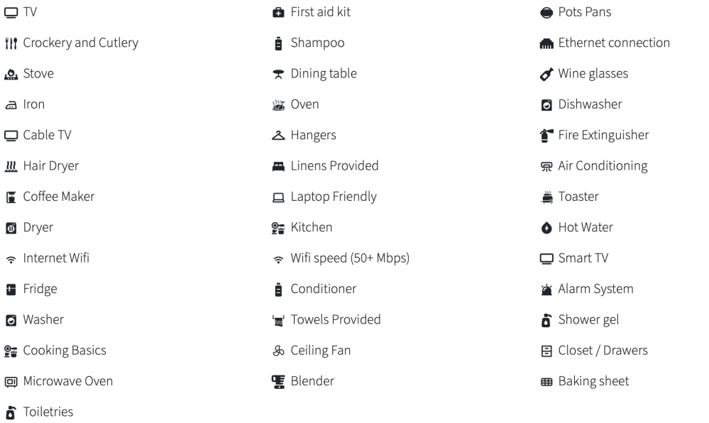 Icons list amenities like TV, WiFi, kitchen items, toiletries, and safety features, arranged in columns.
