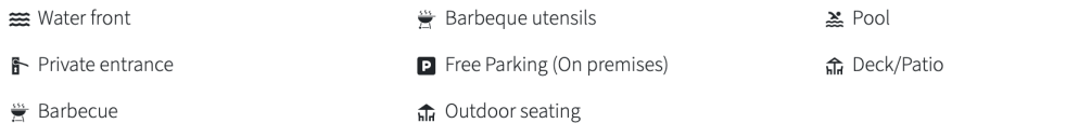 Icons and text listing amenities: waterfront, private entrance, barbecue, utensils, parking, seating, pool, deck.