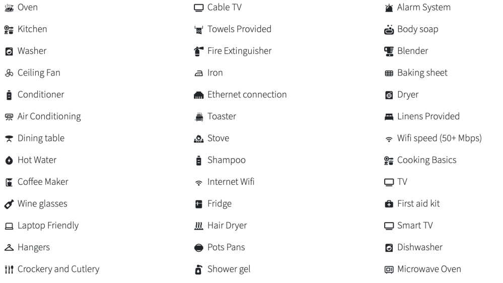 List of home amenities with icons, including kitchen, air conditioning, WiFi, TV, and dishwasher.
