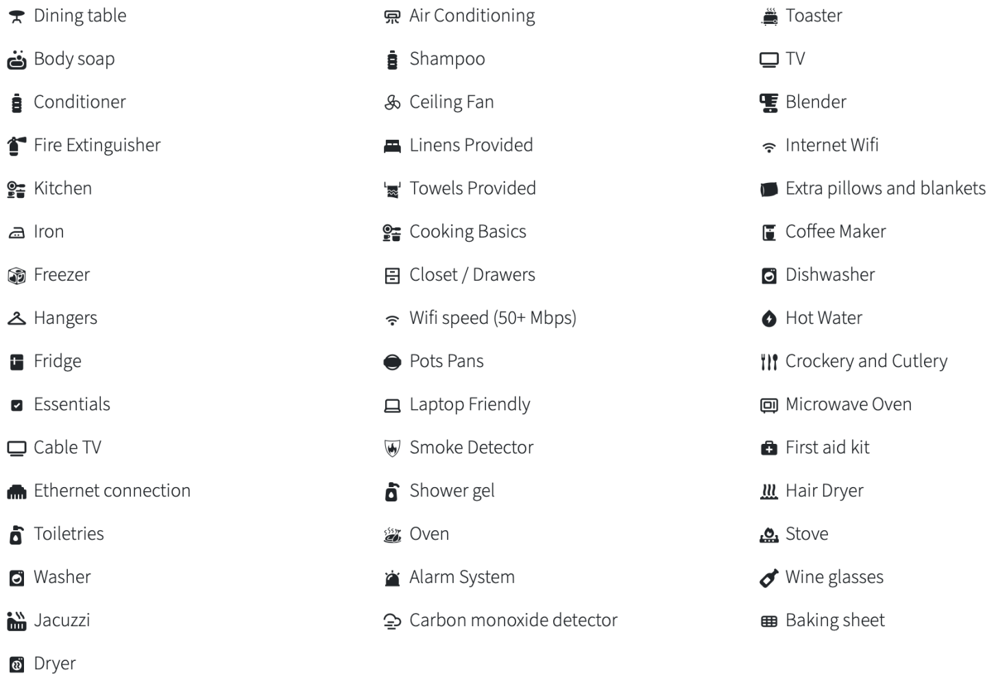 List of home amenities with icons, including dining table, kitchen, WiFi, TV, air conditioning, and coffee maker.
