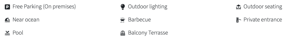 Icons for amenities: free parking, near ocean, pool, outdoor lighting, barbecue, balcony, seating, entrance.