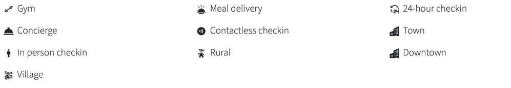 Icons with labels: Gym, Concierge, In person checkin, Village, Meal delivery, Contactless checkin, Rural, 24-hour checkin, Town, Downtown.