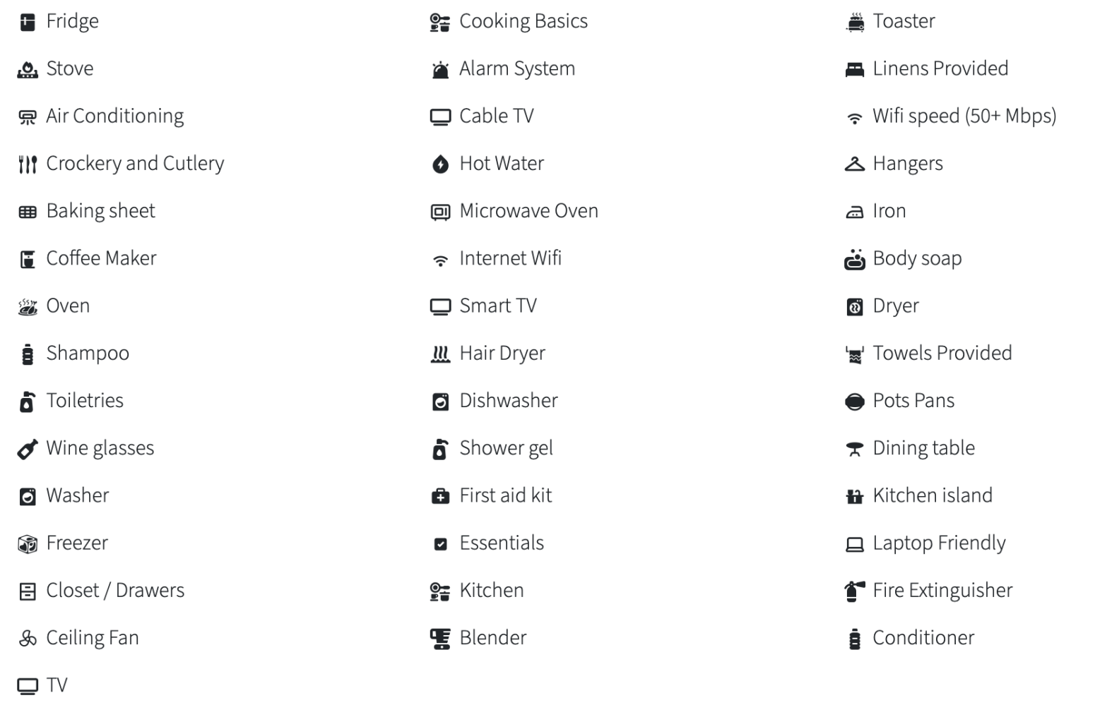 Icons and labels listing household amenities like fridge, stove, Wi-Fi, TV, dryer, dishwasher, and toiletries.