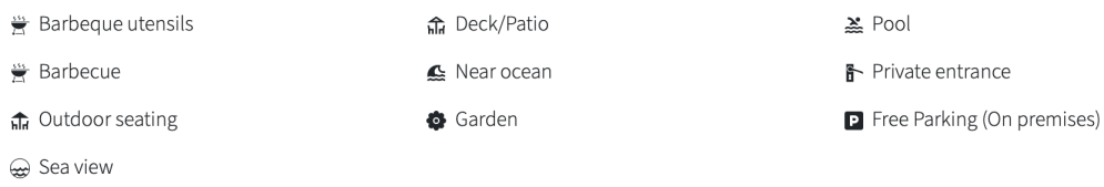 Icons showing amenities: BBQ, seating, sea view, patio, ocean, garden, pool, entrance, parking.