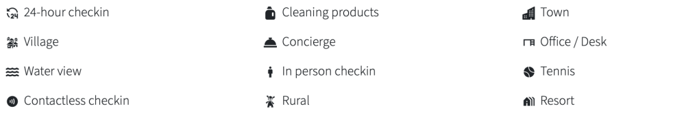 List of amenities with icons: 24-hour check-in, village, water view, contactless check-in, cleaning products.