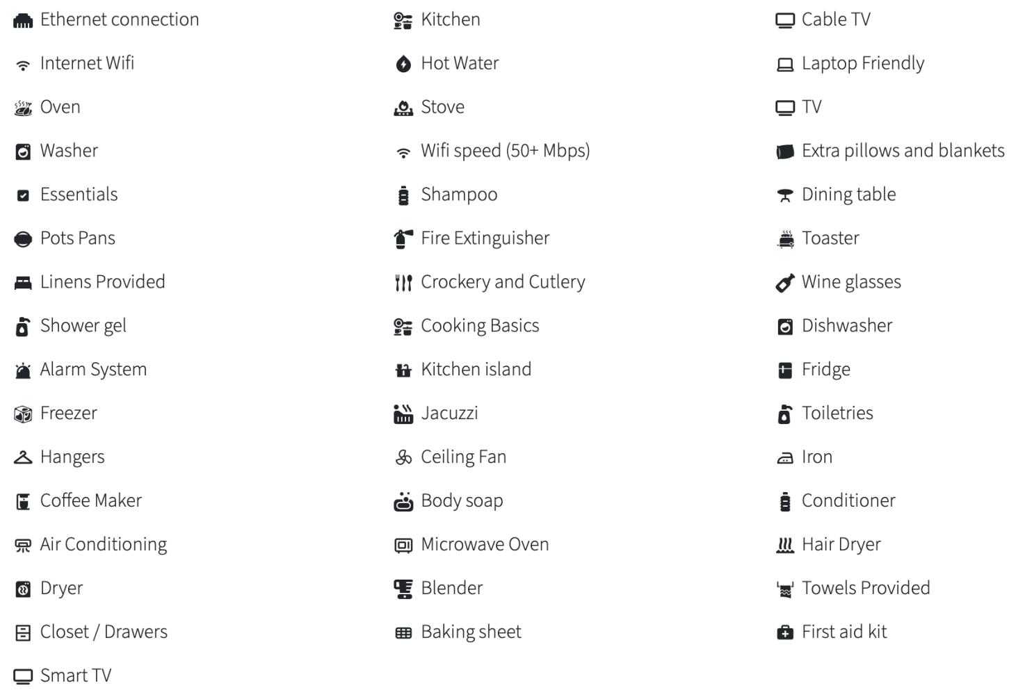 Icons and text listing various home amenities and appliances.