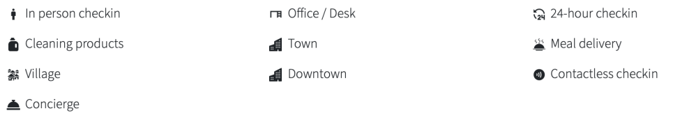 Icons for various services: in-person checkin, office, 24-hour checkin, cleaning, town, meal delivery, checkin types.