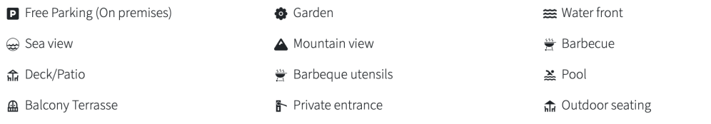 Icons for amenities: parking, sea view, deck, balcony, garden, mountain view, BBQ, entrance, waterfront, pool.
