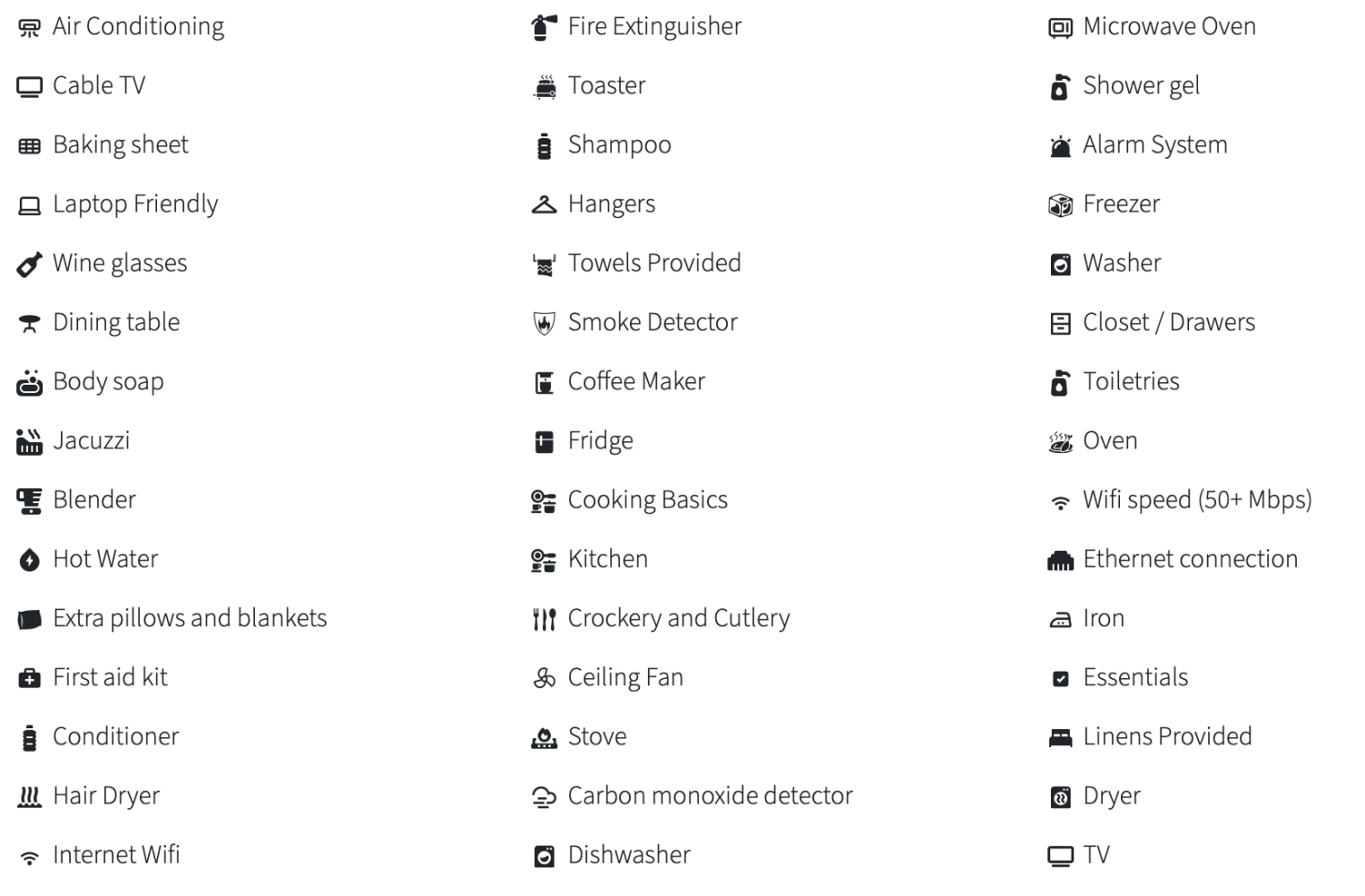 List of amenities for a rental property, including air conditioning, WiFi, kitchen appliances, and toiletries.