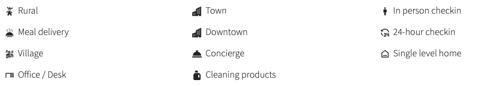 Icons and text for various services and amenities like rural, town, meal delivery, downtown, concierge.