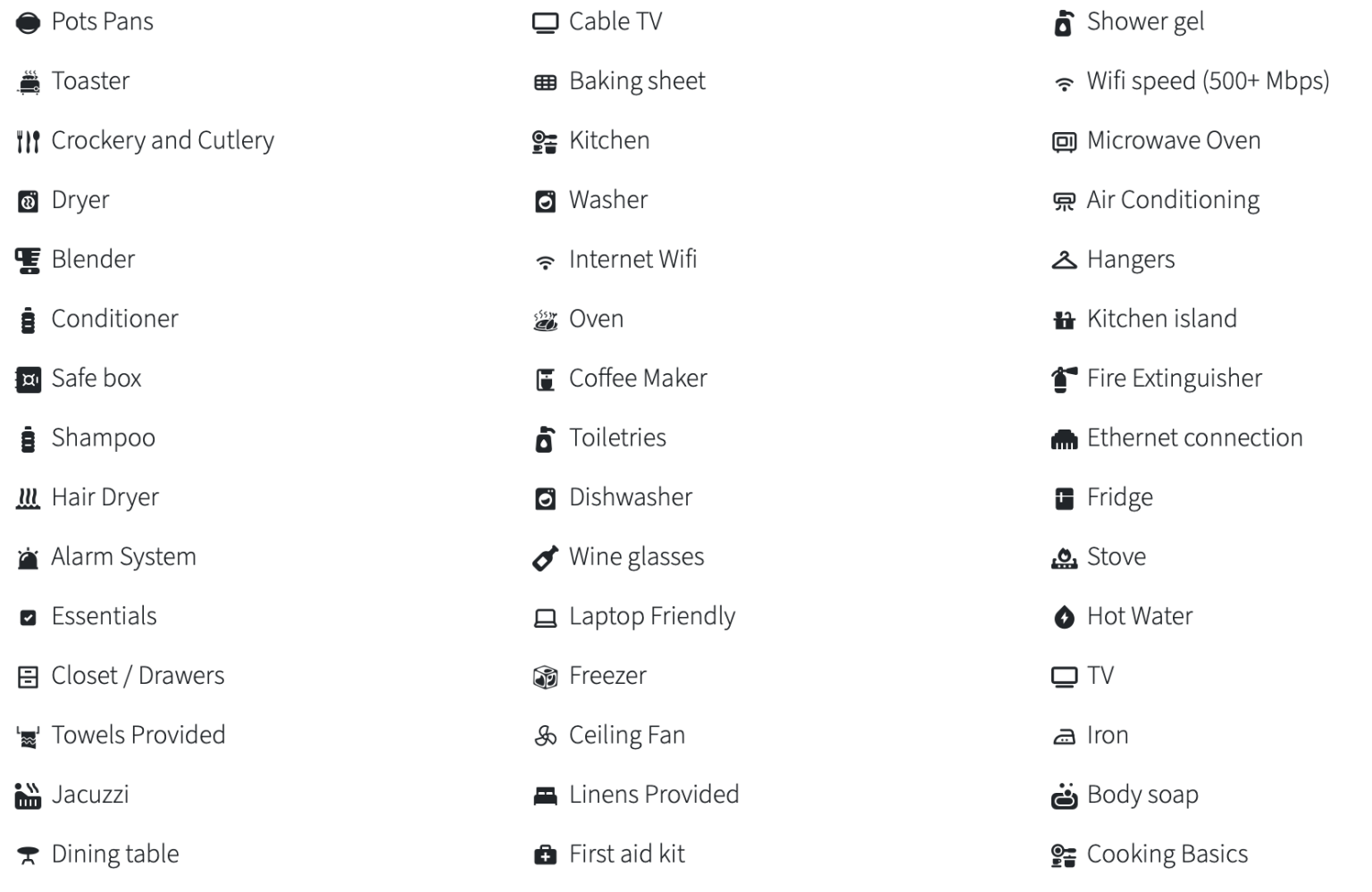 Icons and text listing home amenities: pots, toaster, WiFi, TV, oven, fridge, and more.