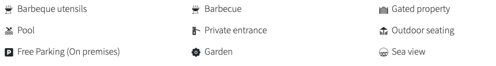 Icons for BBQ utensils, pool, parking, BBQ, private entrance, garden, gated property, outdoor seating, sea view.