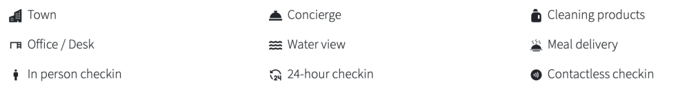 Icons with labels: Town, Office, Checkin, Concierge, Water view, 24-hour checkin, Cleaning, Meal delivery.