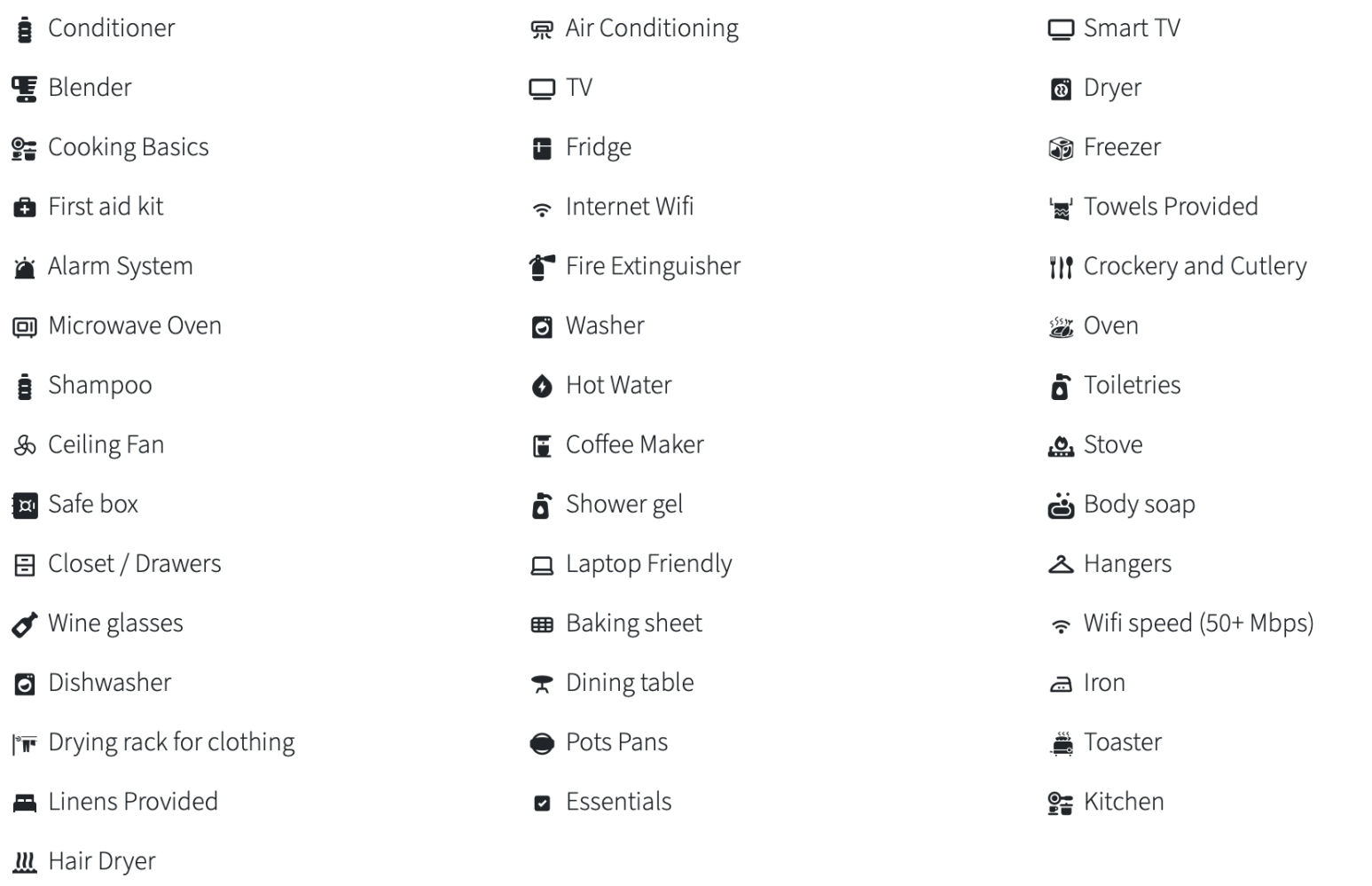 Icons and list of home amenities, including appliances, toiletries, and internet features.