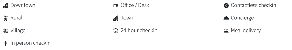 Icons with labels: Downtown, Rural, Village, In-person checkin, Office, Town, 24-hour checkin, Contactless, Concierge, Meal delivery.