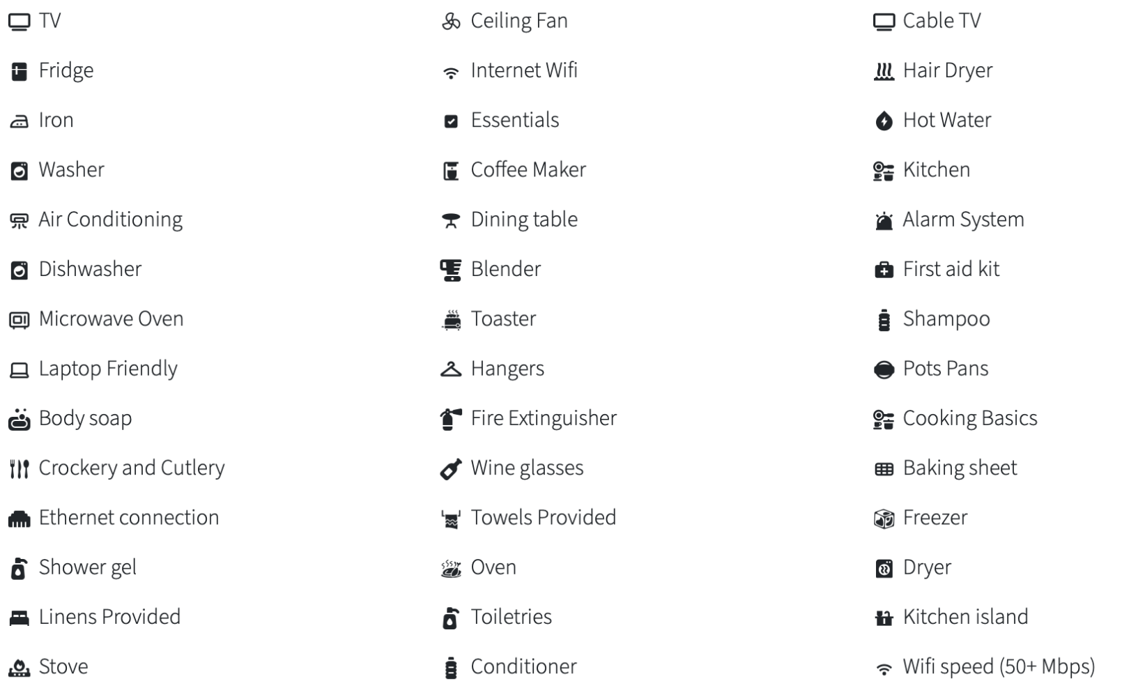List of amenities with icons including TV, fridge, dishwasher, ceiling fan, WiFi, and coffee maker.