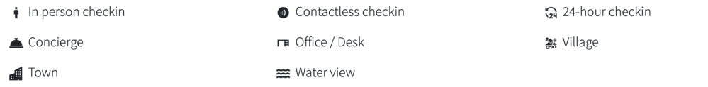 Icons of check-in options, concierge, office, town, village, and water view.