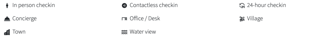 Icons for checkin types, concierge, office, town, water view, village.