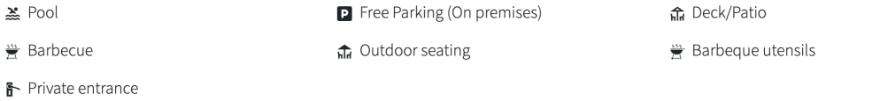 Icons for pool, barbecue, parking, deck, entrance, seating, and utensils.