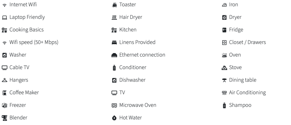 List of amenities including internet, appliances, and household items in three columns.