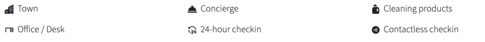 Icons and text: Town, Concierge, Cleaning products, Office/Desk, 24-hour checkin, Contactless checkin.