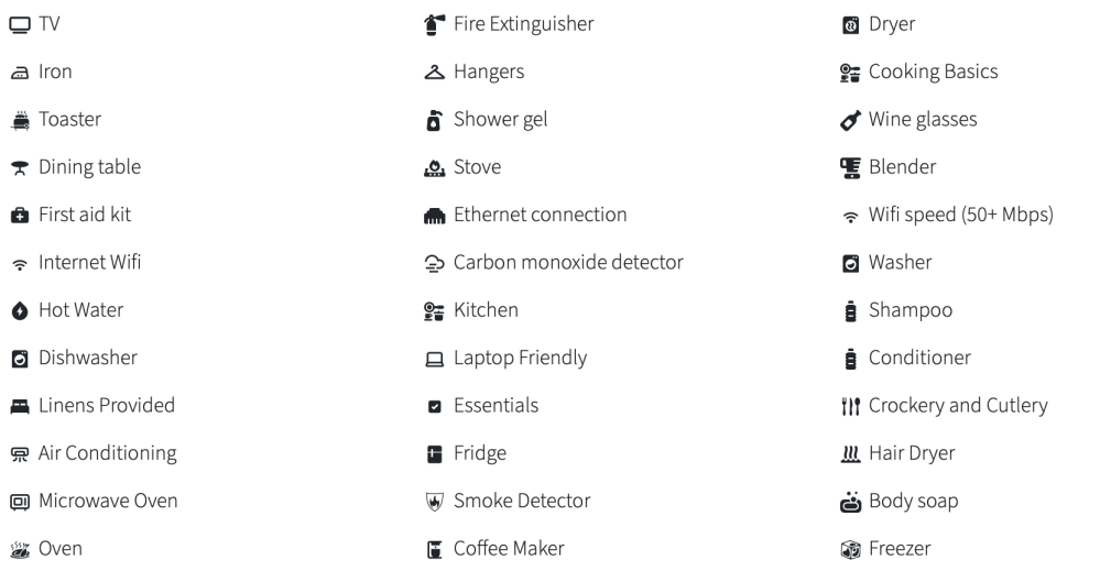 List of home amenities with icons, including TV, WiFi, kitchen, laundry, and safety features.