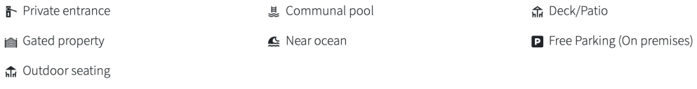 Icons representing amenities: private entrance, gated property, outdoor seating, pool, ocean nearby, deck, parking.
