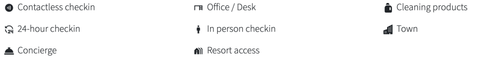 Icons and text for contactless check-in, office, cleaning, and amenities.