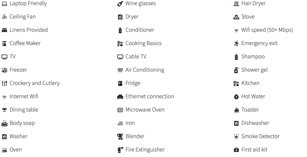 Icons and text listing amenities like WiFi, air conditioning, dishwasher, and more in three columns.