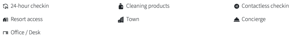 Icons and text for amenities: 24-hour check-in, resort access, office/desk, cleaning products, town, contactless check-in, concierge.