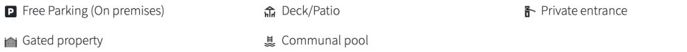 Icons and text: Free parking, gated property, deck/patio, communal pool, private entrance.