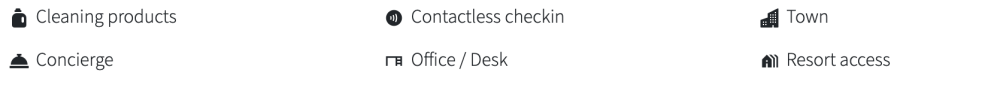 Icons and text: Cleaning products, Concierge, Contactless check-in, Office/Desk, Town, Resort access.