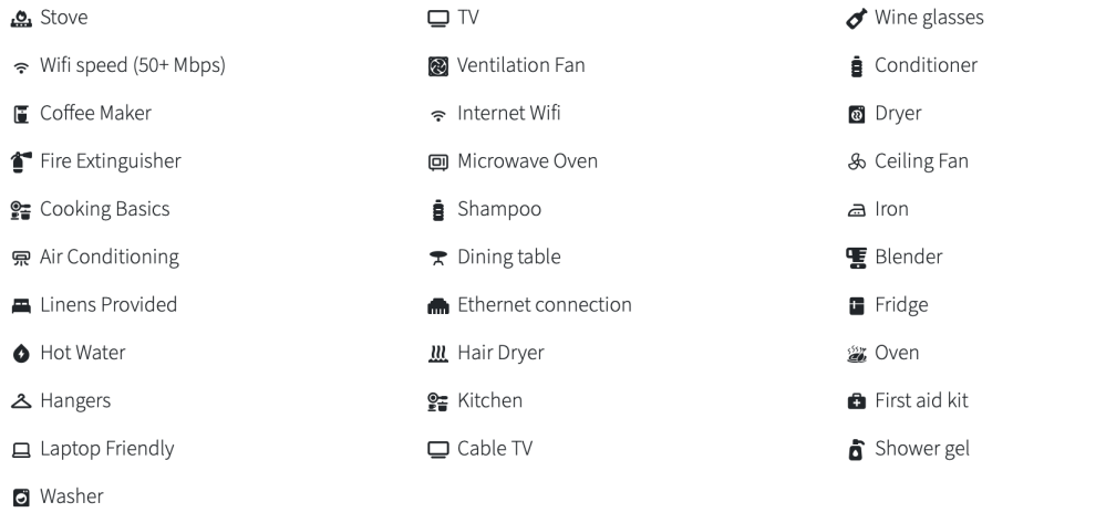 Icons and text list of household amenities, including stove, TV, wifi, and kitchen appliances.