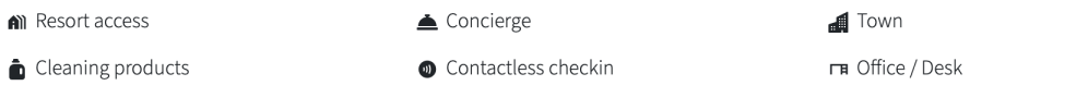 Icons with text: Resort access, Cleaning products, Concierge, Contactless checkin, Town, Office / Desk.