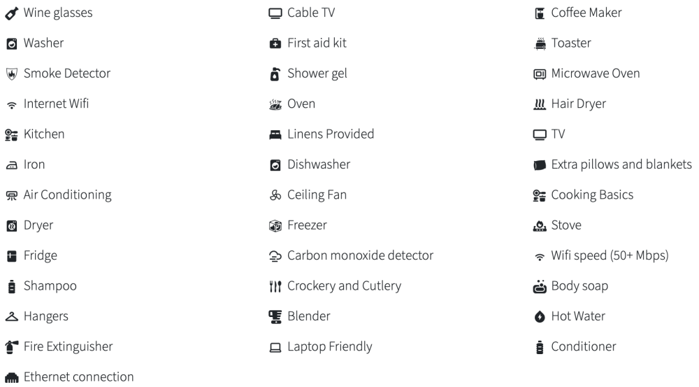 Icons and labels of home amenities including WiFi, kitchen appliances, and safety features.