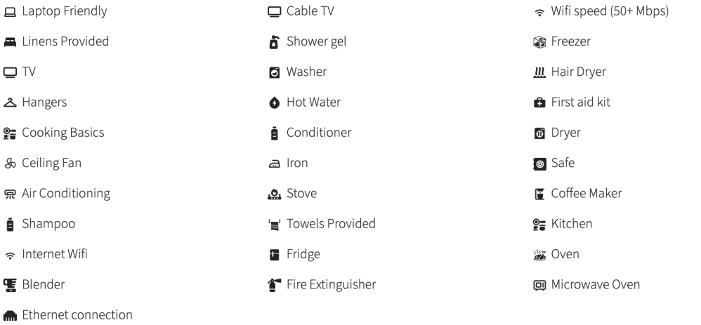 Icons of amenities including WiFi, TV, kitchen equipment, toiletries, and safety features.