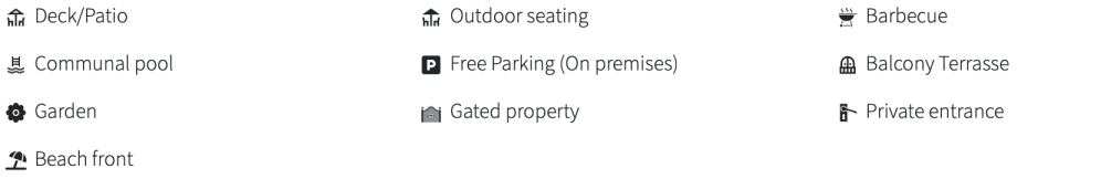Icons and text list property features like deck, pool, beach front, seating, barbecue, and parking.
