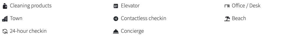 Icons and text for amenities including elevator, contactless check-in, and beach access.